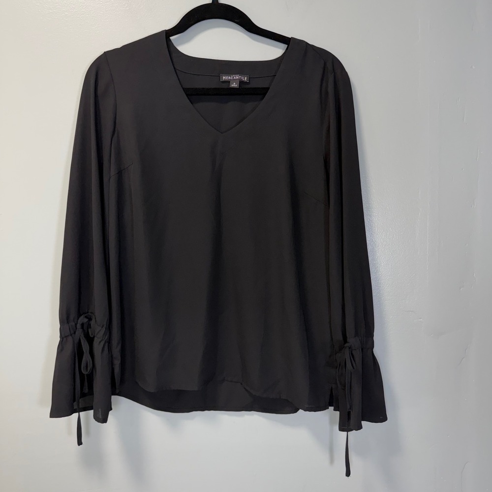 J Crew Mercantile Womens Size 6 Black V-Neck Bell Sleeve Tie Blouse